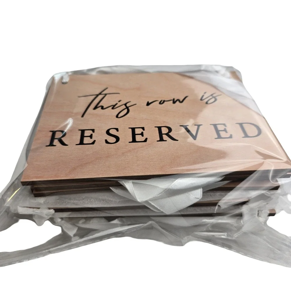 12 Pack Wooden Reserved Row Sign for Wedding Ceremony Natural Wood White Ribbon